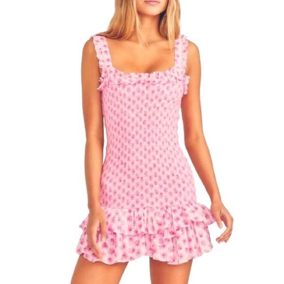 🆕-LoveShackFancy Dress Breyer Pink Floral Ruched Tiered Mini Dress. NWT - Picture 4 of 11